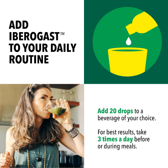 Make Iberogast to your daily routine infographic with an illustration of the liquid drops going into glass on top right corner, and an image of a women drinking a green healthy drink on the bottom left corner