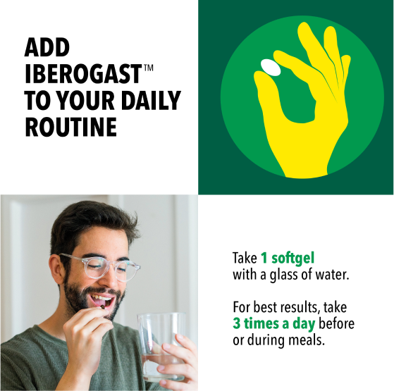 Make Iberogast to your daily routine infographic with an illustration of a hand holding a softgel on the top right corner, and an image of a man about to take a softgel and holding a glass of water on the bottom left corner