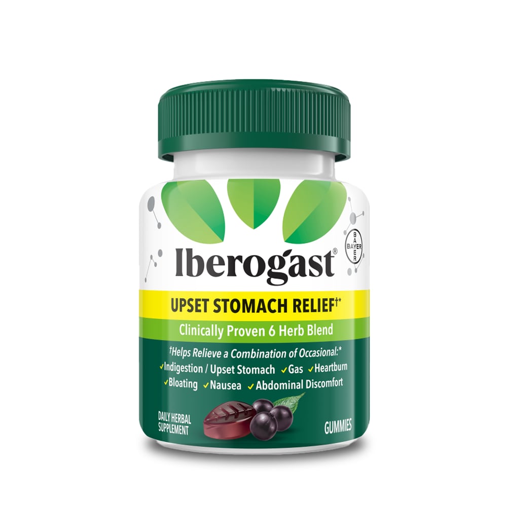 White and green bottle of Iberogast® Gummies for occasional upset stomach relief.