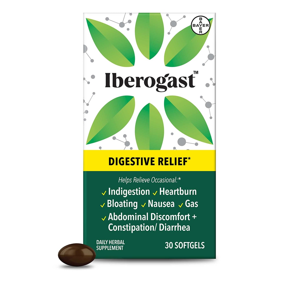 White-green pack of  Iberogast® soft gels with one soft gel placed in the left bottom.